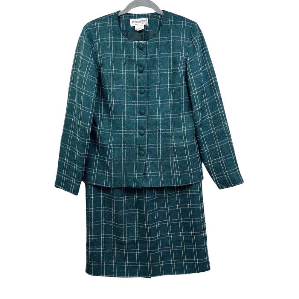 Brownstone Studio New York Womens 2 Pcs Suit Blazer Skirt Plaid Lined Green 8*